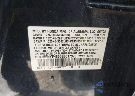 2009 Honda Pilot Ex-L из США, поврежденный, VIN 5FNYF48669B017370